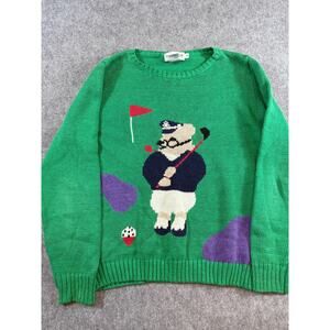 Vtg 90s Point Of View Crewneck Sweater Mens S Green Golf Bear Knit Ramie Blend